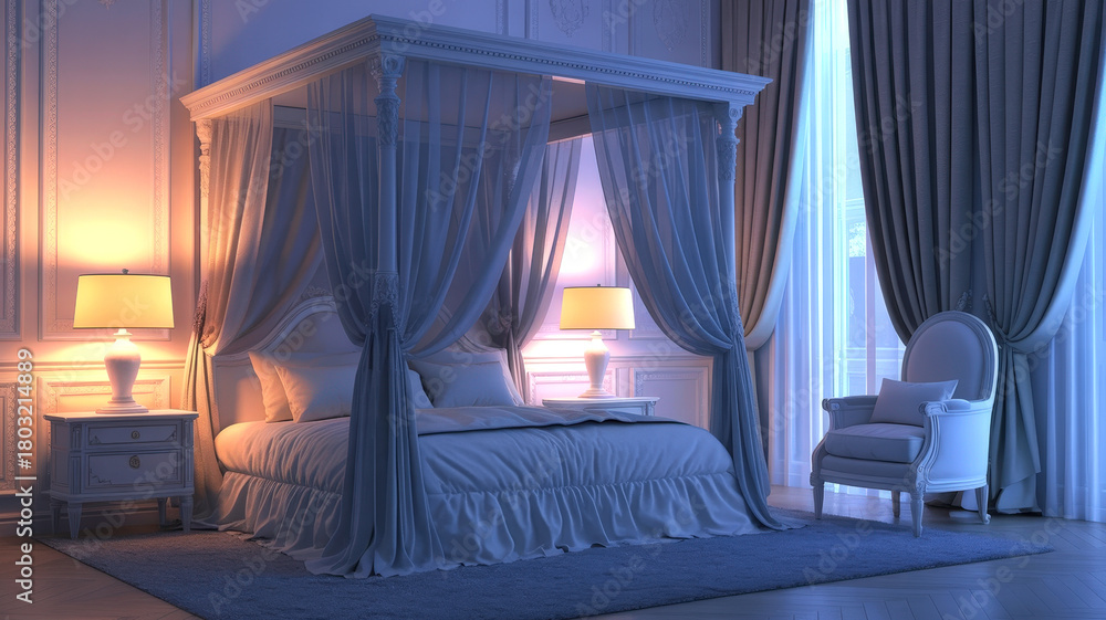 Fototapeta premium Luxurious Canopy Bed in Elegant Blue Bedroom with Draped Curtains and Soft Lighting