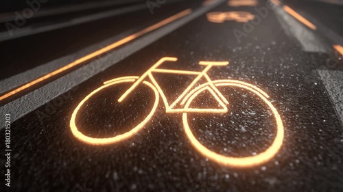 Illuminated Bicycle Path: A glowing bicycle lane sign guides the way, highlighting the path for cyclists on the urban road at night. The luminous sign assures safety.