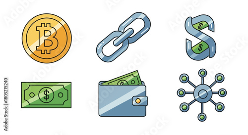Modern financial icons: Bitcoin, blockchain, money, wallet, and network connections for investments, cryptocurrency, and digital economy insights