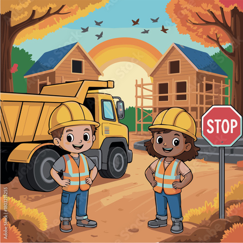 Cartoon construction site with workers, dump truck, houses, and stop sign illustration for kids learning, 100 char