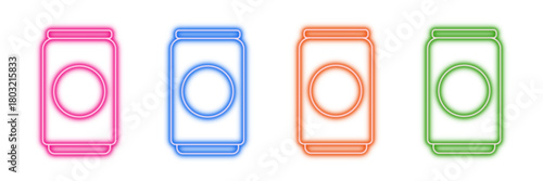 Neon glowing drink cans vector icons set, soda, beverages, refreshment, soft, colorful, bright, modern, glowing outlines, vibrant digital design.