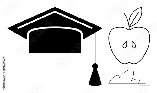 Graduation cap with tassel, apple with leaf, and cloud-thumbs up shape evoke themes of education, learning, academic success, teaching, growth, achievement and simplicity. Ideal for academic
