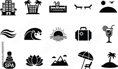 Collection of black and white vacation and travel icons representing hotels pools beaches and relaxation