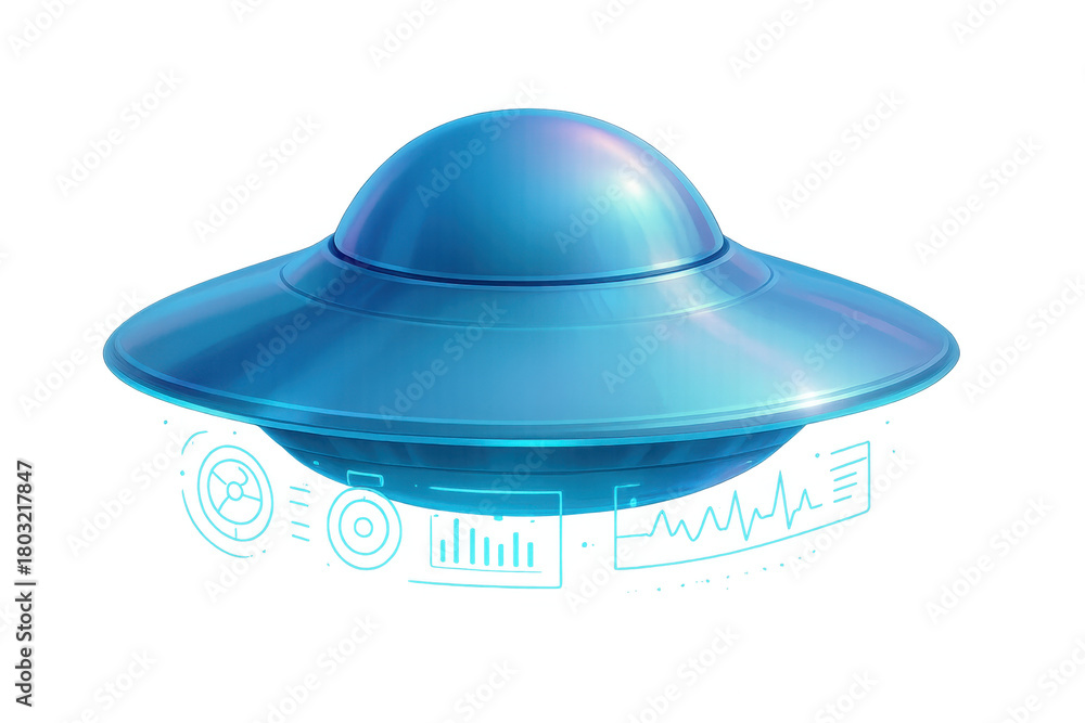 Fototapeta premium Blue futuristic flying saucer hovering with holographic interface elements, concept of unidentified object and alien technology