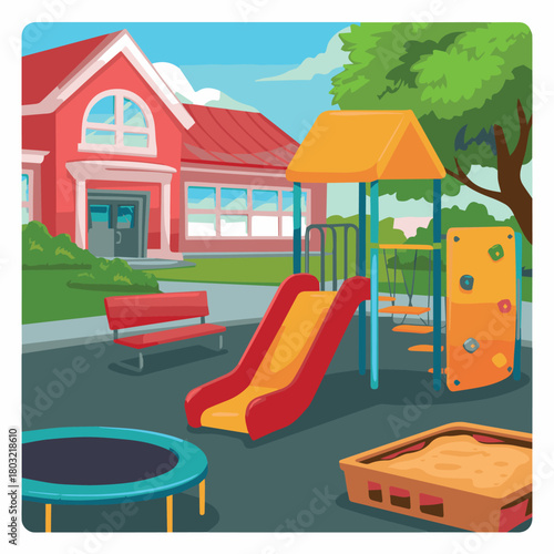 Cartoon school playground with slide, climbing wall, trampoline, and sandbox for children fun time play area