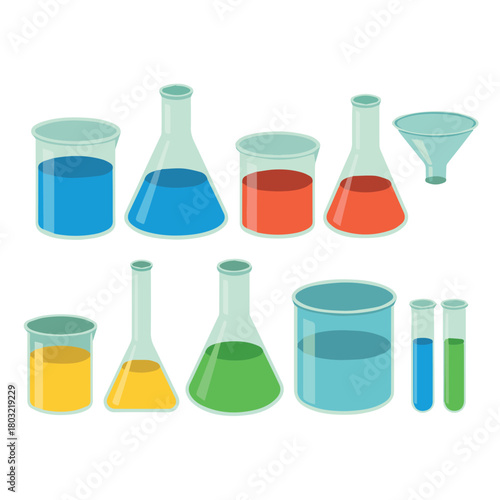 Science lab glassware beakers test tubes and funnel illustration for scientific experiments and research