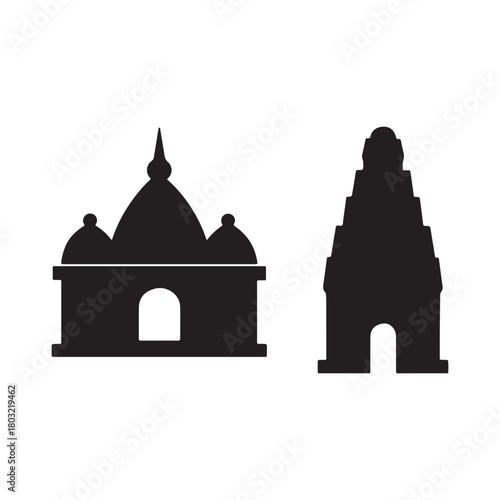 Hindu dome and tower temple silhouette set.