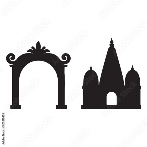 Hindu decorative arch and temple silhouette set.