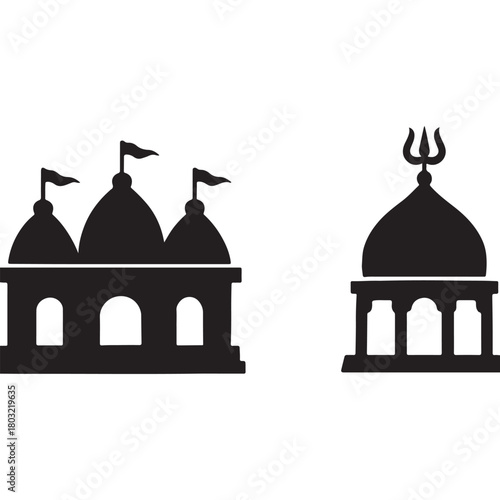 Hindu temple and trishul dome silhouette set.