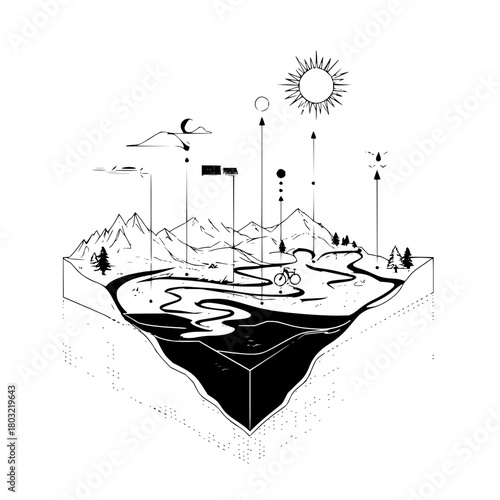 Isometric landscape illustration of mountain bike trail with sun and moon cycle in black and white art