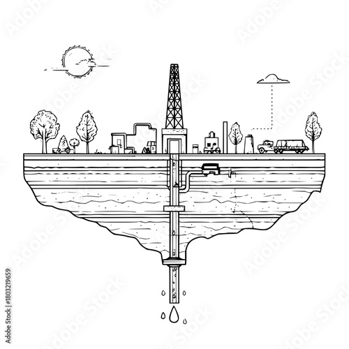 Oil drilling rig schematic diagram vector illustration for energy industry and resource extraction design