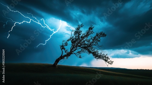 superego. A lone tree bent by strong winds during a stormy night with dramatic lighting. ESG reports, sustainability campaigns, designed for sustainability communications and ESG reporting.