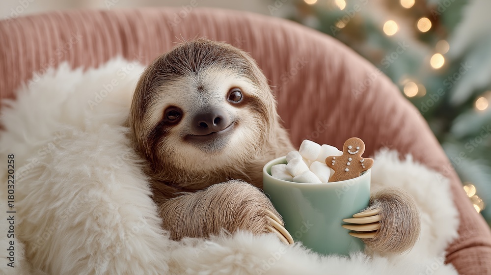 Obraz premium A smiling sloth holds a green mug filled with marshmallows and a gingerbread cookie. Christmas animal relaxation concept expressing coziness, sweetness, and festive calm