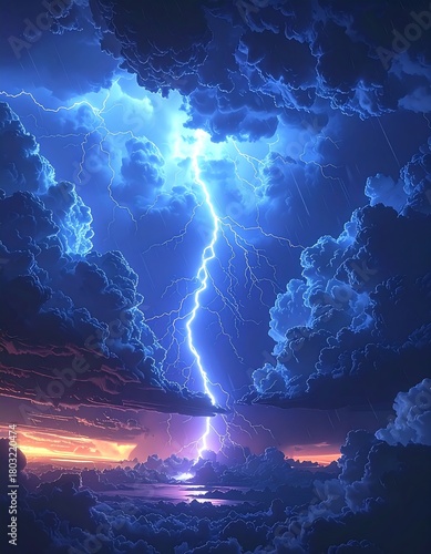 A dramatic scene of a powerful lightning strike illuminating dark, layered clouds. A sunset glow is present at the horizon below