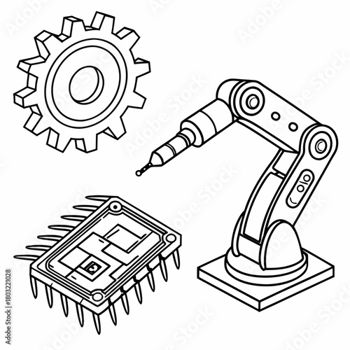 Robotic arm, gear, and microchip isolated on illustration