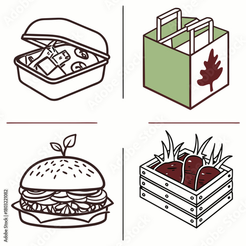 Ecofriendly food packaging and vegan food isolated on