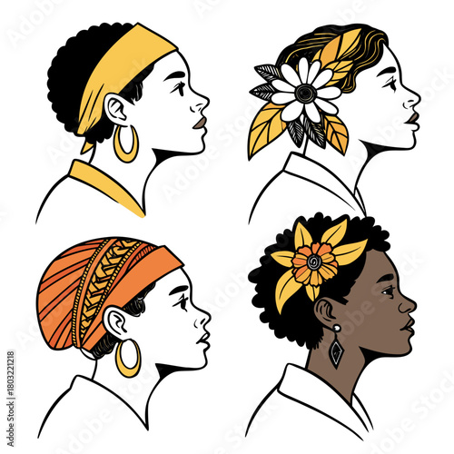 Diverse women portraits with headscarves and flowers in their hair