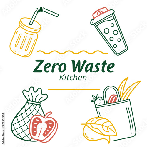 Zero waste kitchen concept with reusable bags and containers isolated on