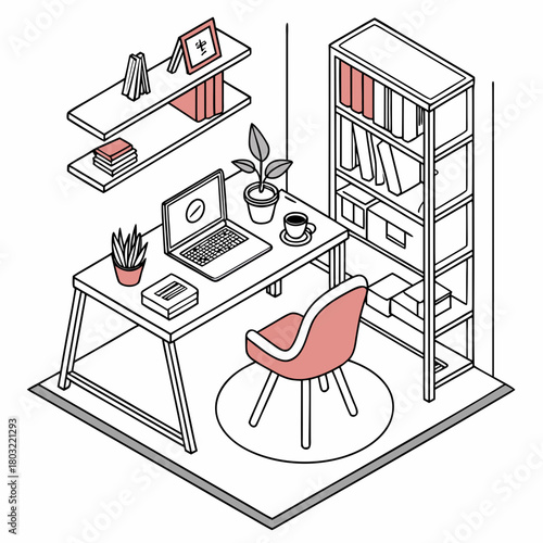 Isometric home office with desk, chair, shelves isolated on