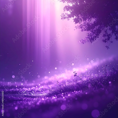 A dreamy scene features a mystical forest edge illuminated by ethereal beams of purple light, creating a serene, magical atmosphere