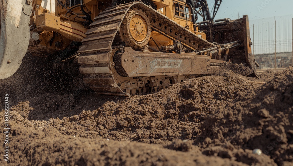 Fototapeta premium Powerful yellow bulldozer aggressively pushing dirt and debris at a construction site, showcasing immense industrial power and heavy machinery action
