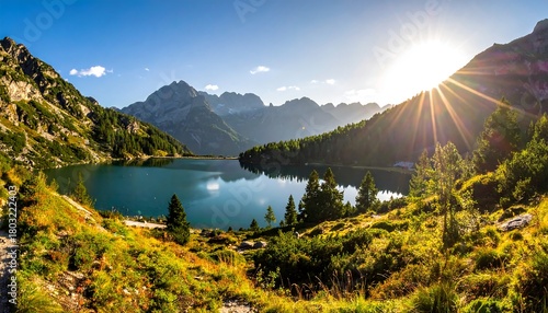 A scenic lake surrounded by mountains and verdant trees under a bright sun, with golden rays creating a beautiful landscape