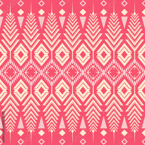 Geometric Ethnic pattern, Native American tribal fabric, tile, carpet, vector, illustration design, on a pink-red-yellow tone