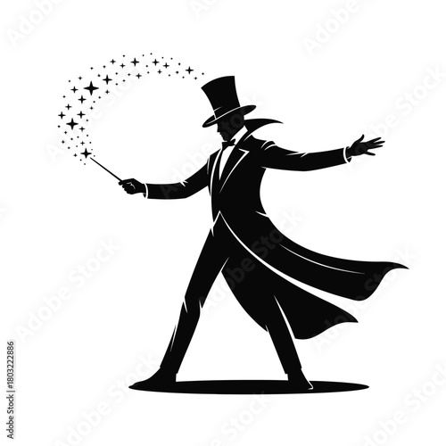 Magician conjures sparkling stars with wand conjuring top hat