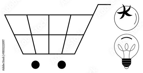 Minimalist shopping cart with two wheels and grid layout beside a lightbulb, symbolizing innovation, and a Pisces-thumbs up swirl, representing creativity. Ideal for retail, technology, innovation
