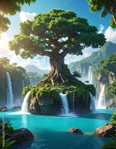 A fantasy scene with a giant tree on a small island surrounded by waterfalls and turquoise water, under a blue sky