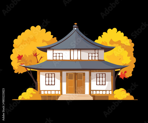 Traditional oriental building with autumn yellow trees and white walls in flat vector illustration