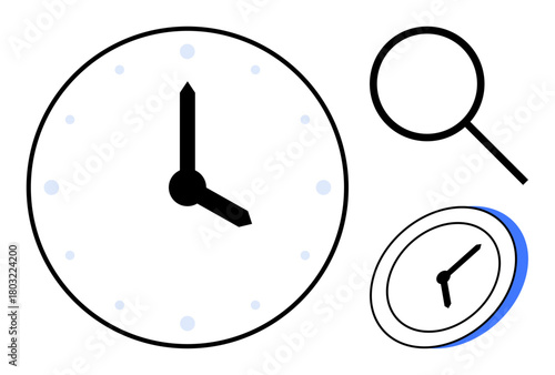 Clock face with magnifying glass highlighting details and a tilted zoomed version of the clock. Ideal for time, precision, efficiency, productivity, focus, organization, management, simple flat