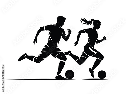 Male and female athletes kicking soccer balls football