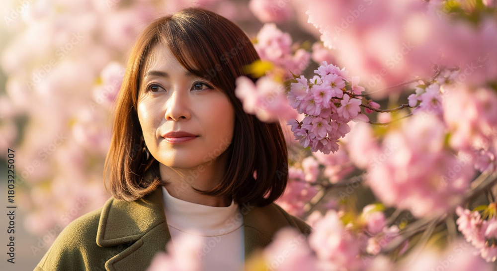 Fototapeta premium A serene Asian woman gazes thoughtfully amidst a vibrant display of pink cherry blossom flowers.