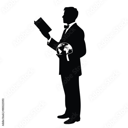 Man in suit holding globe reading book silhouette bowtie