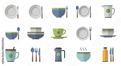 Collection of various kitchenware and dining utensils for everyday use.