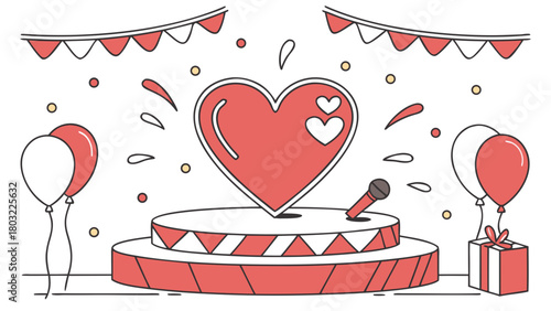 Red heart on a stage with balloons, gift box, microphone and decorative flags hanging above it all