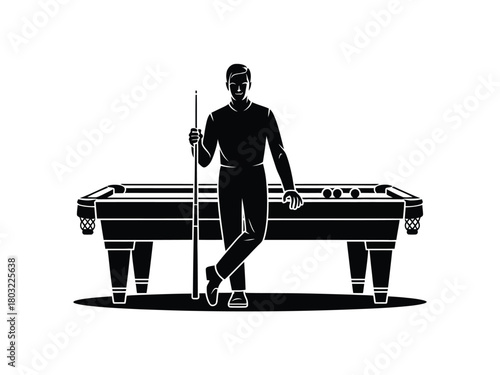 Man with cue stick by billiard table silhouette balls