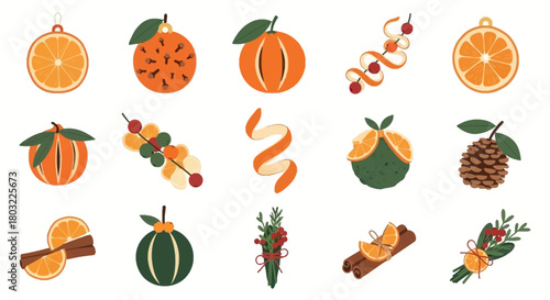 Collection of various orange fruit and decorative elements.