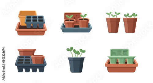 Collection of various plant pots and seedling trays for gardening.