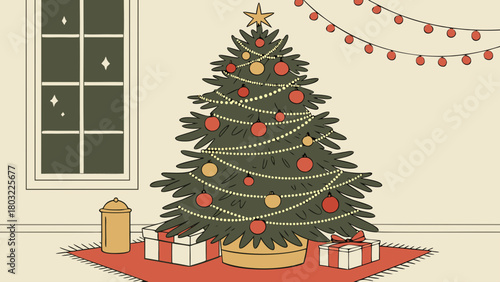Illustration of a christmas tree with ornaments gifts and string lights near a window in a room setting