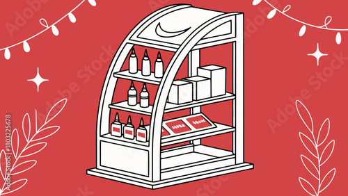 Illustration of a white display shelf with products on a red background with decorations around it