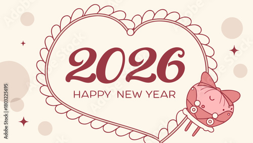 Happy new year 2026 with heart shaped border and cute cartoon jellyfish on a light cream background