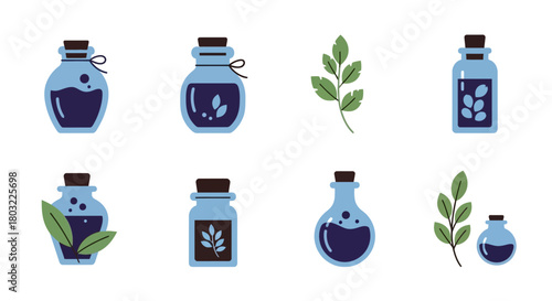 Collection of various potion bottles and leaves for magical purposes and decoration.