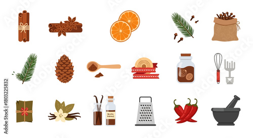 Collection of various spices and cooking ingredients for festive recipes.
