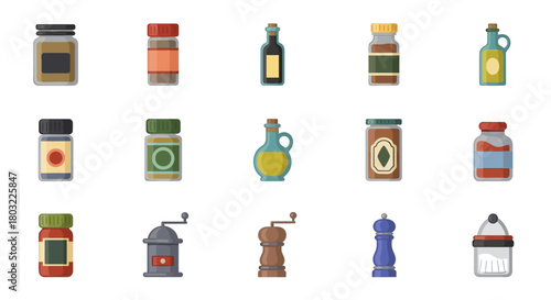 Collection of various spices, condiments, and kitchen essentials in jars and bottles.