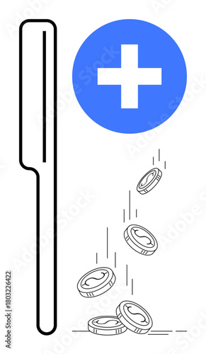 Linear graphic of a vertical chart with falling coins and a blue plus sign. Ideal for finance, investments, profit increase, economic development, healthcare funding, charitable giving, simple flat