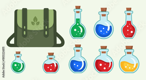 Fantasy RPG Game Backpack and Potion Bottles Collection.