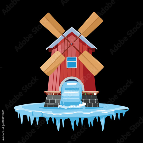 Old stone windmill with wooden blades and flowing water stream in winter season under dark night sky vector