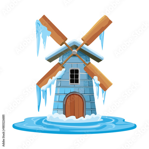 Bright, cheerful blue and white windmill standing on an icy patch of land, with snow covering the ground and a charming cottage design - Vector Illustration